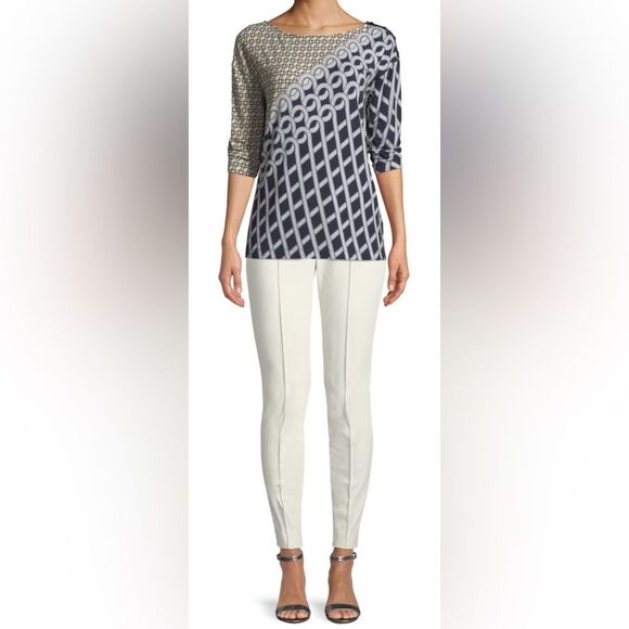 St. John Blouse Chain Swirl 3/4-Sleeve Shirt Top Black and Beige Women’s Size XL - Picture 1 of 13